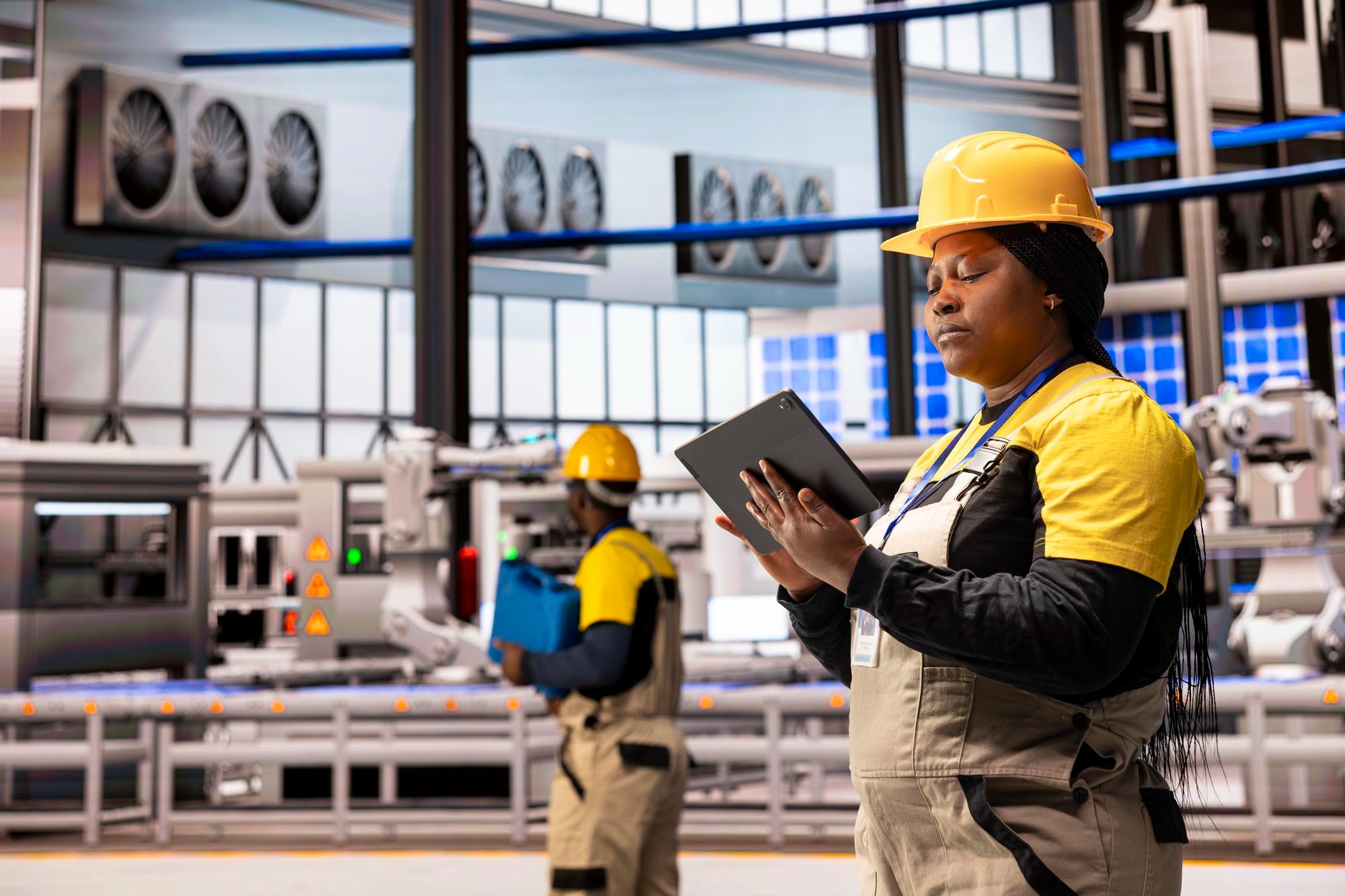 African engineer reviewing operational data in a modern industrial facility