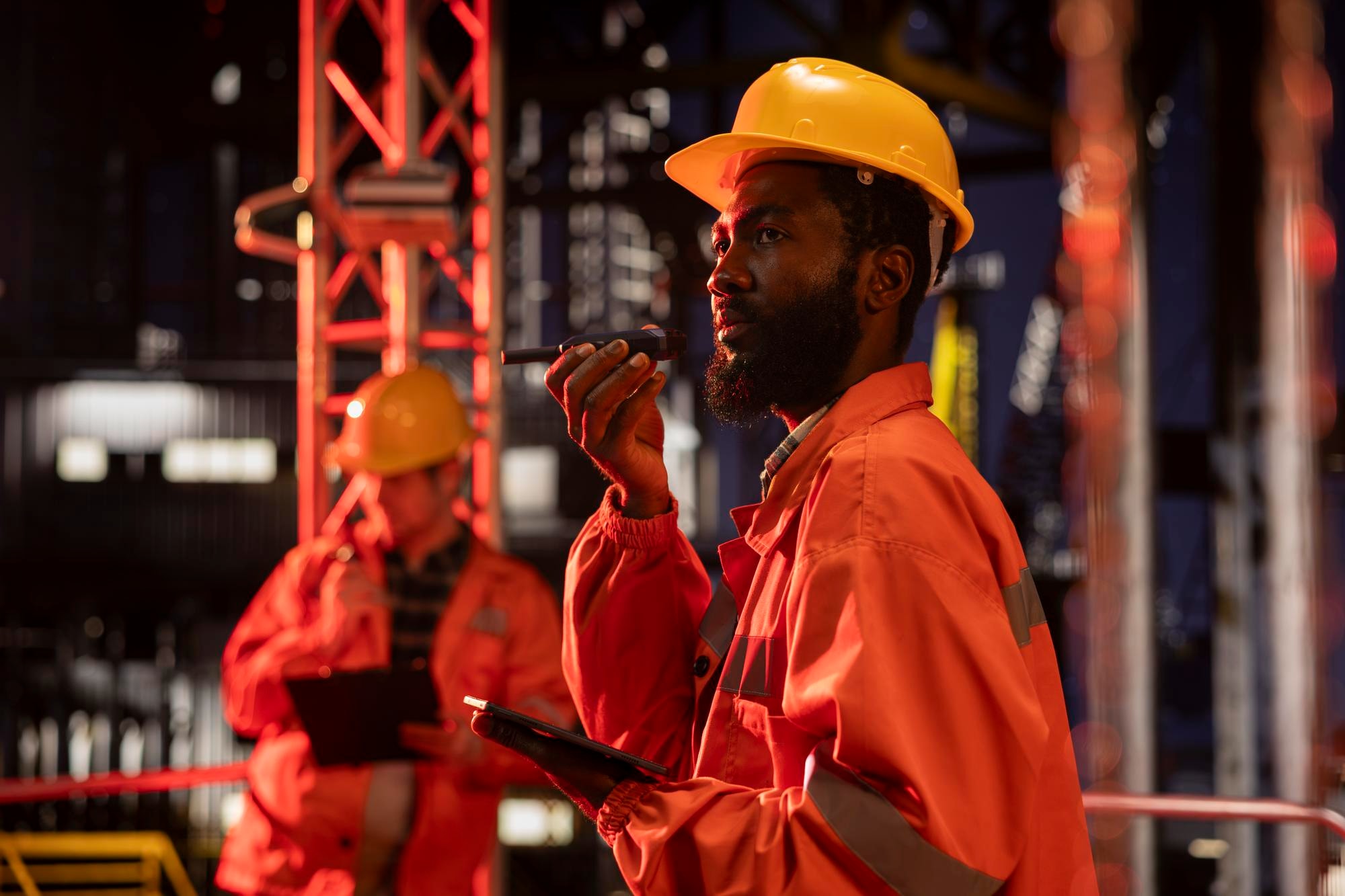 African energy professional coordinating operations at an industrial facility