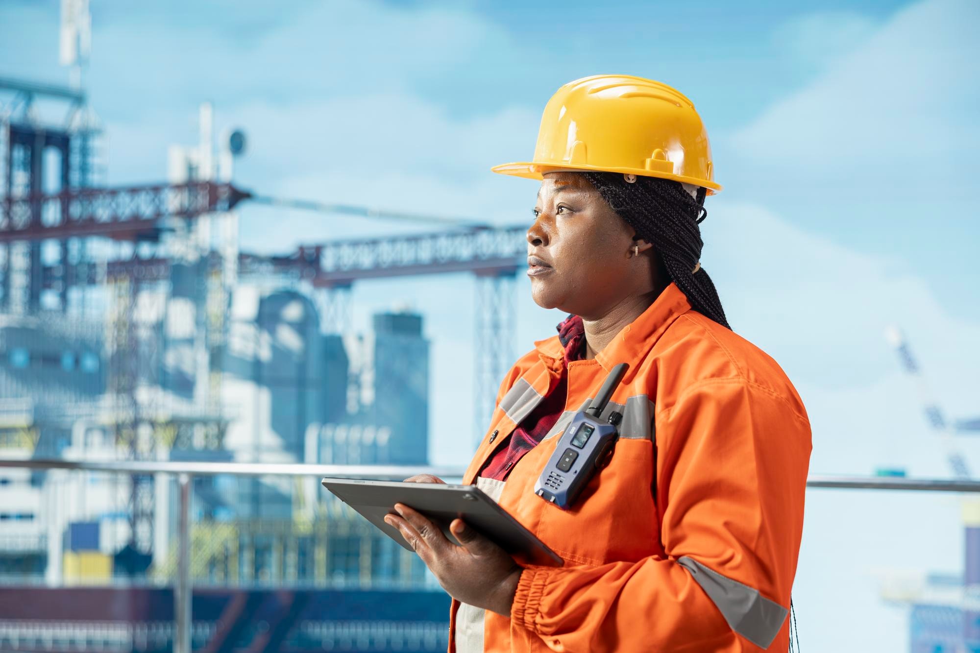 African energy professional reviewing operational information at a port facility